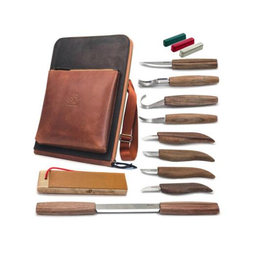 BeaverCraft S50X Deluxe Set of Wood Carving Tools with Walnut Handles in Leather Shoulder Bag