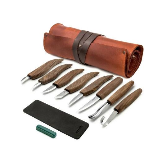 BeaverCraft S18X Premium Wood Carving Set with Walnut Handles and Leather Tool Roll