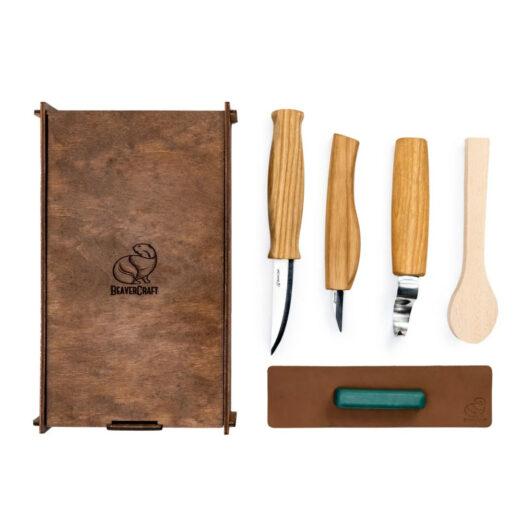 BeaverCraft S13BOX Right-Handed Spoon Carving Set in Wooden Box